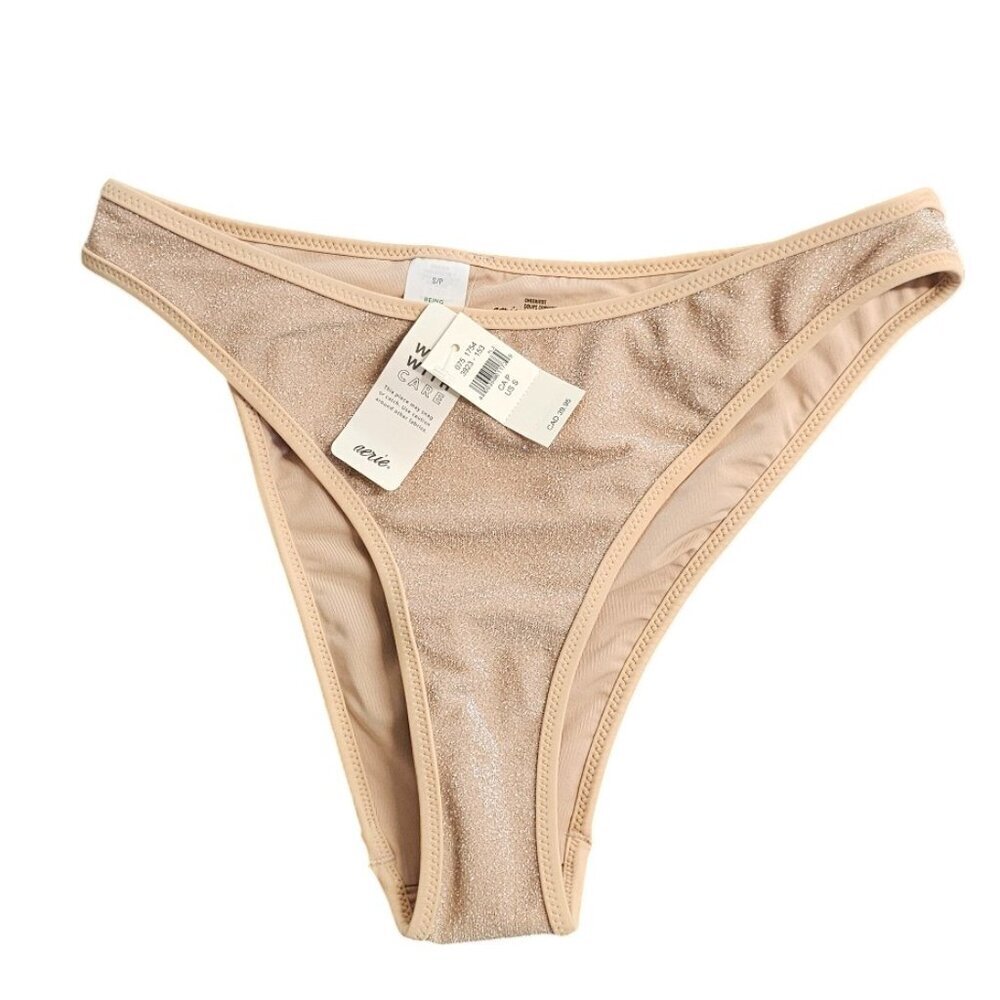 Aerie Cheekiest Shimmer Bikini Bottoms, Summer, Swimwear, Beige, Size Small, NWT